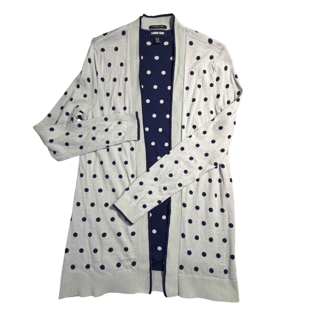 Lands End Womens Supima Cotton Polka Dot Cardigan Mint Navy S/T 507704‎ Spring